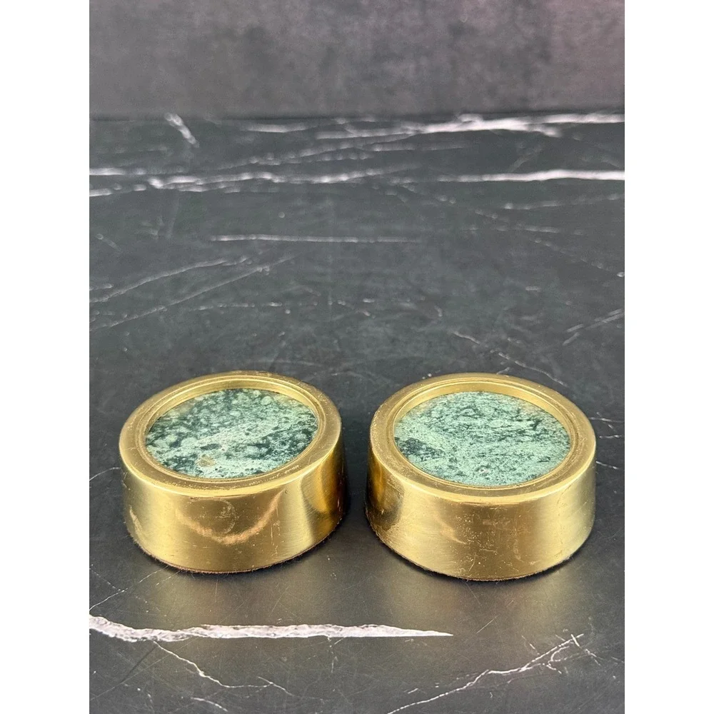 VTG PAIR (2) Round Brass and Green Stone Paperweights 2 1/2